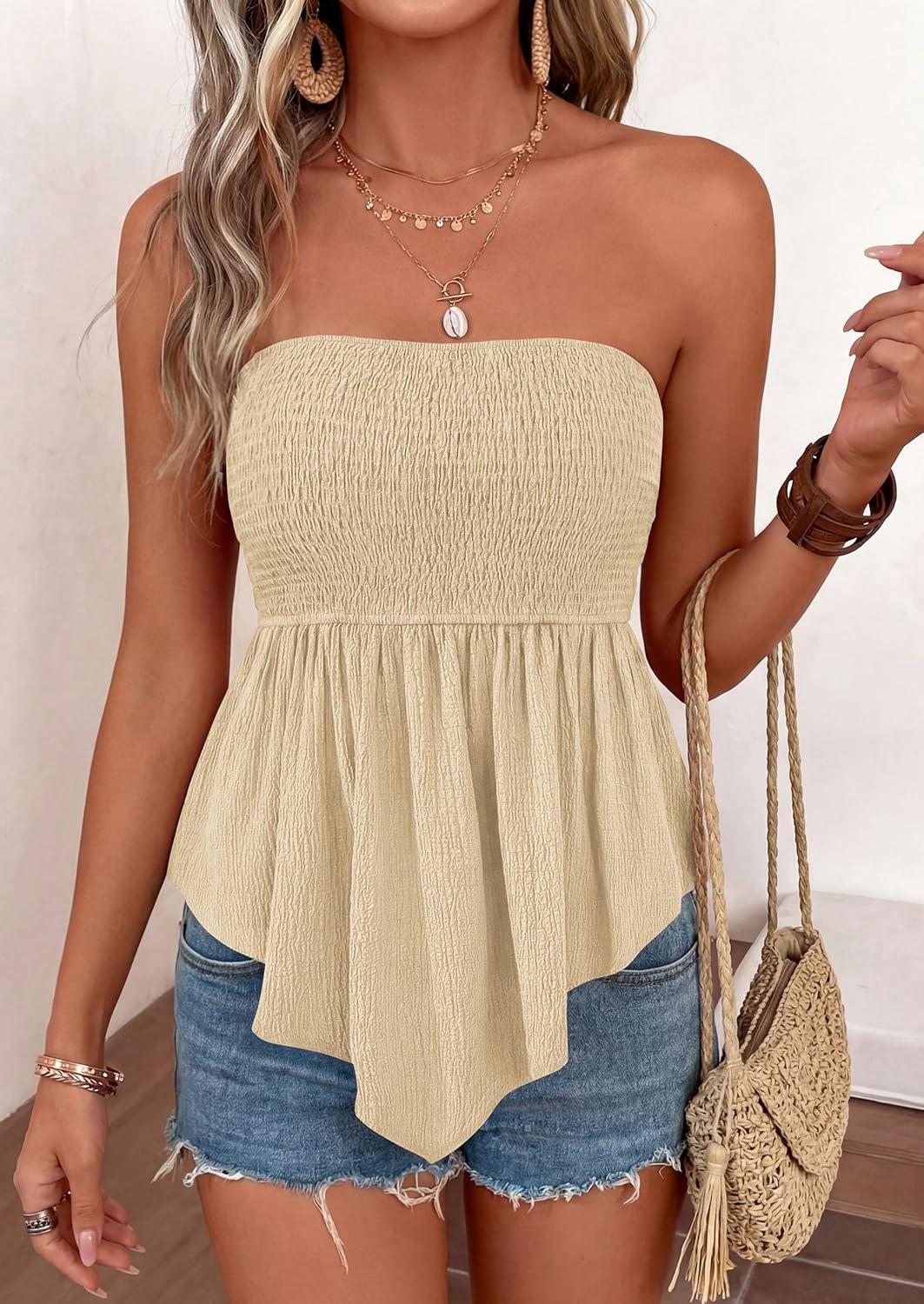imagePRETTYGARDEN Womens Strapless Smocked Tube Tops Summer 2026 Trendy Flowy Peplum Bandeau Shirts Going Out Date Spring ClothesLight Khaki