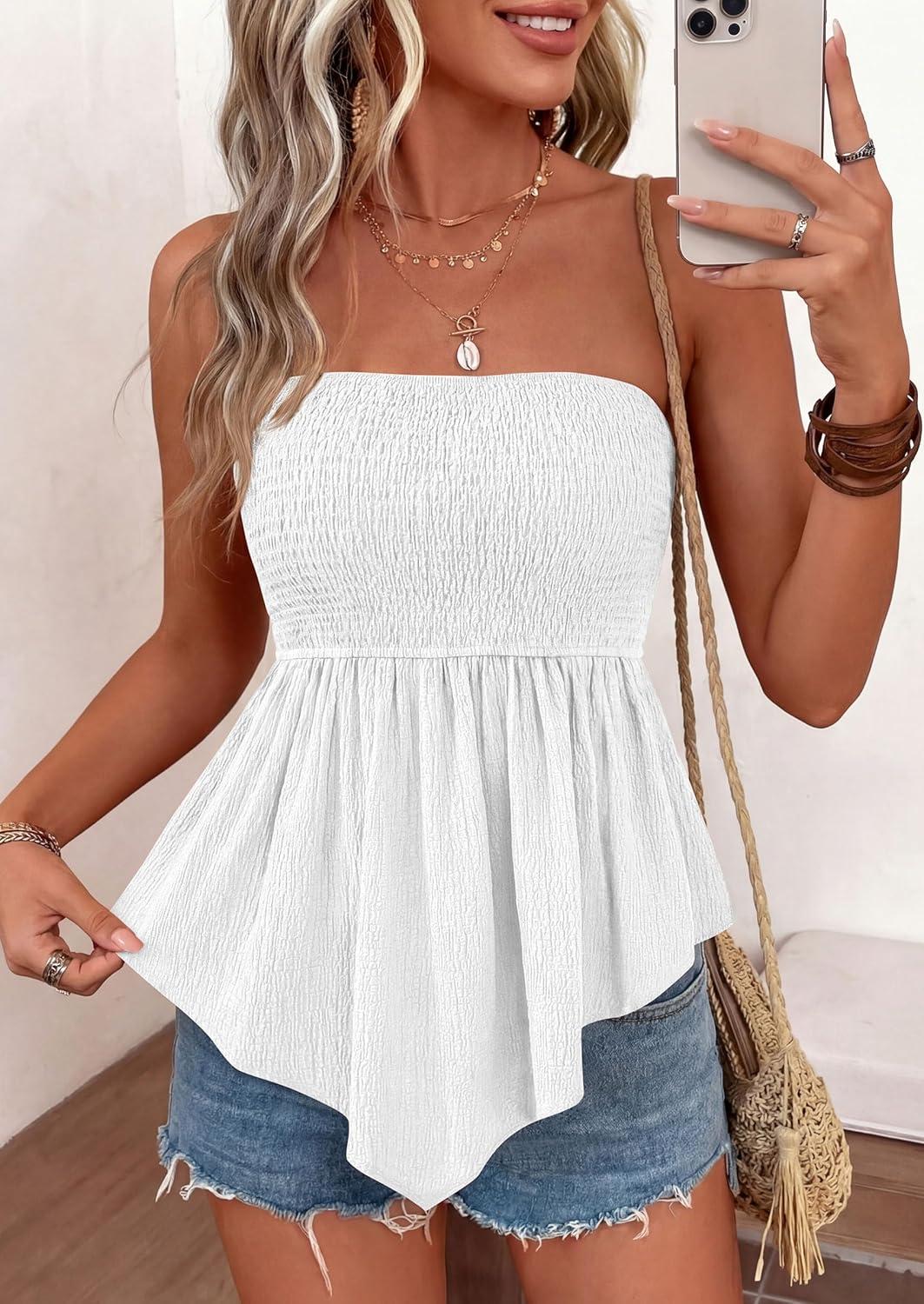 imagePRETTYGARDEN Womens Strapless Smocked Tube Tops Summer 2026 Trendy Flowy Peplum Bandeau Shirts Going Out Date Spring ClothesWhite