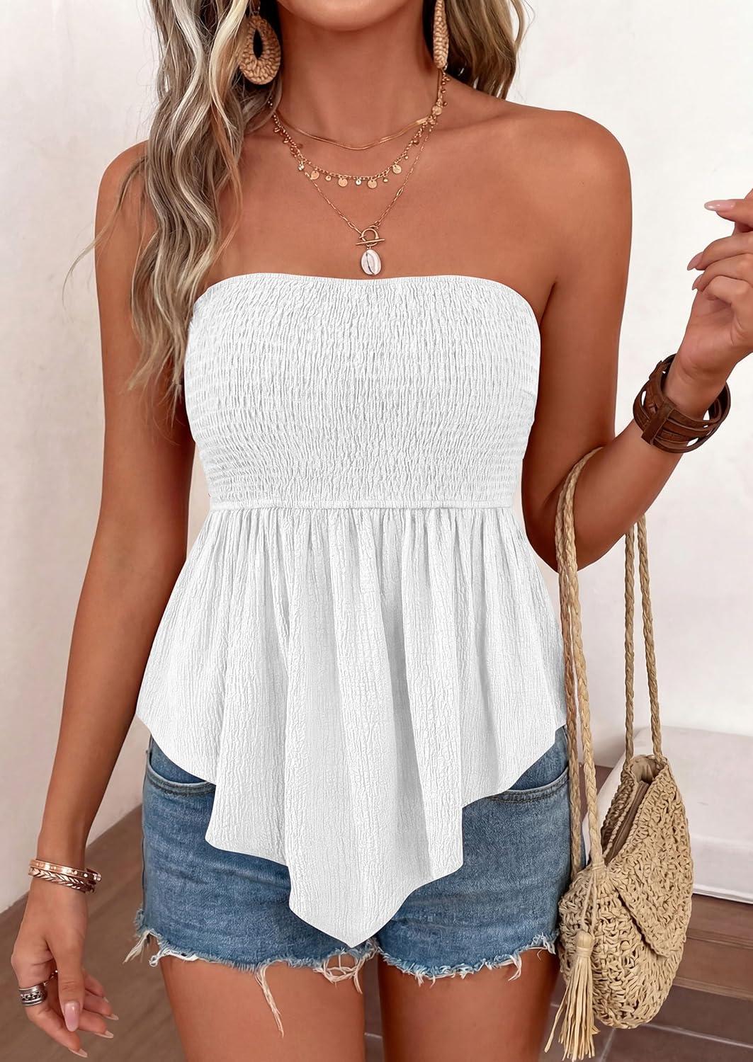 imagePRETTYGARDEN Womens Strapless Smocked Tube Tops Summer 2026 Trendy Flowy Peplum Bandeau Shirts Going Out Date Spring ClothesWhite