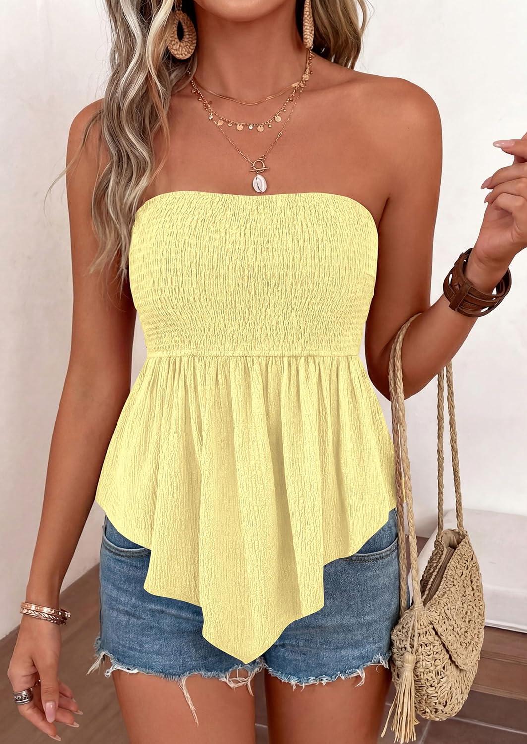 imagePRETTYGARDEN Womens Strapless Smocked Tube Tops Summer 2026 Trendy Flowy Peplum Bandeau Shirts Going Out Date Spring ClothesYellow