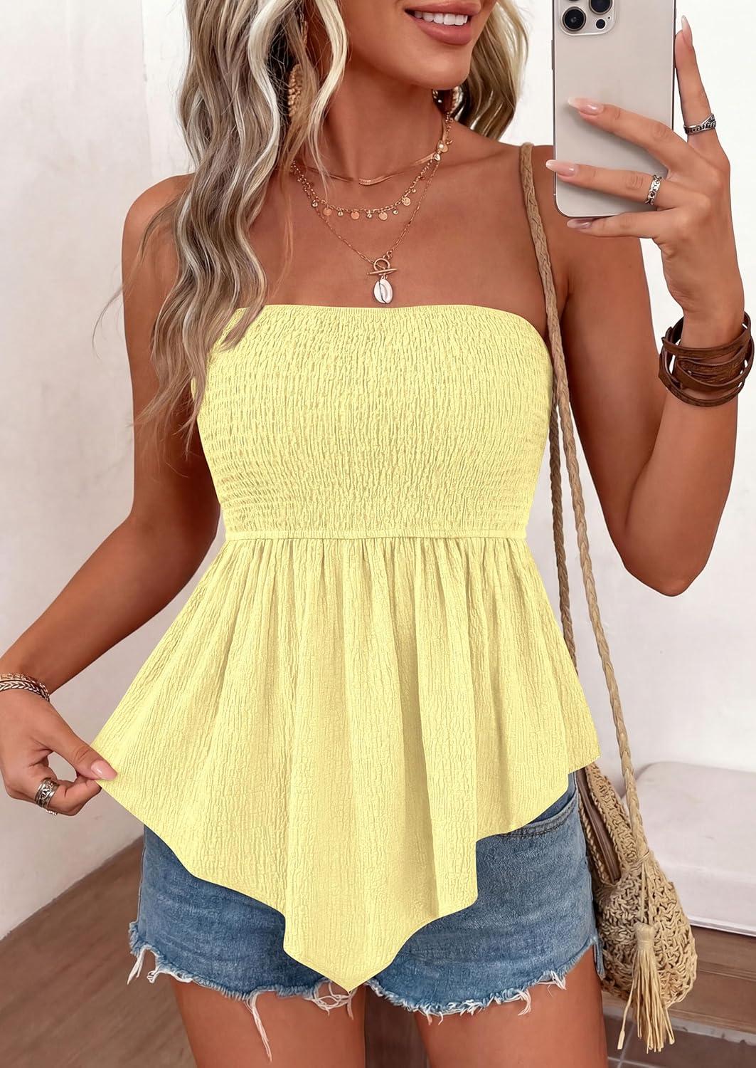 imagePRETTYGARDEN Womens Strapless Smocked Tube Tops Summer 2026 Trendy Flowy Peplum Bandeau Shirts Going Out Date Spring ClothesYellow