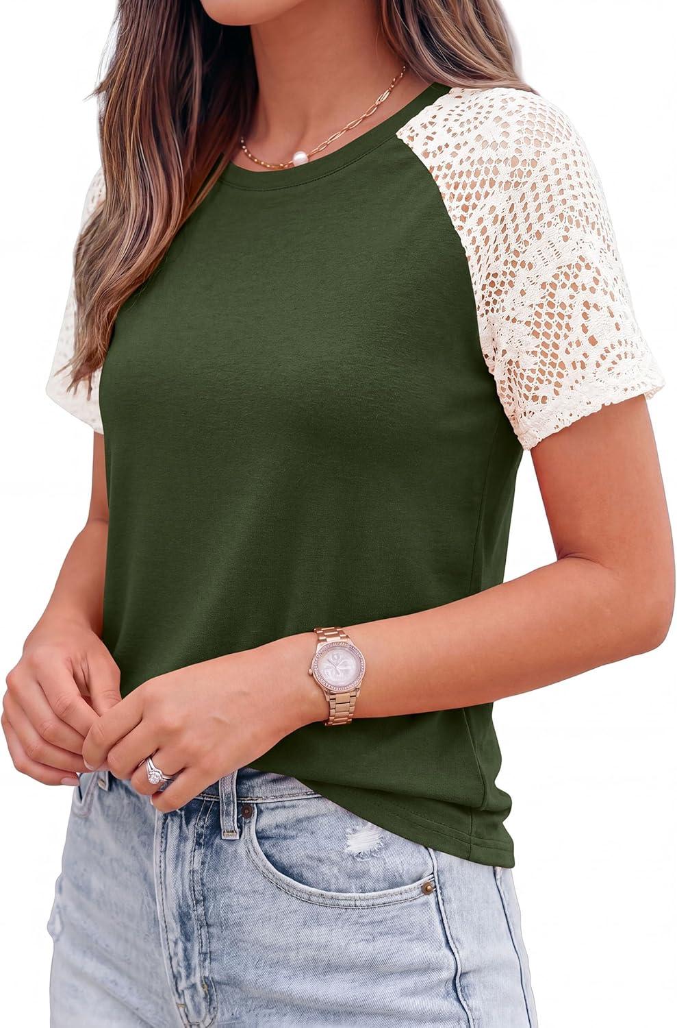 imagePRETTYGARDEN Womens Summer Tops Casual 2026 Lace Raglan Short Sleeve T Shirts Basic Tees Spring Fashion Blouse ClothesArmy Green