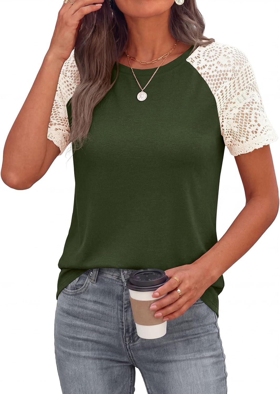 imagePRETTYGARDEN Womens Summer Tops Casual 2026 Lace Raglan Short Sleeve T Shirts Basic Tees Spring Fashion Blouse ClothesArmy Green