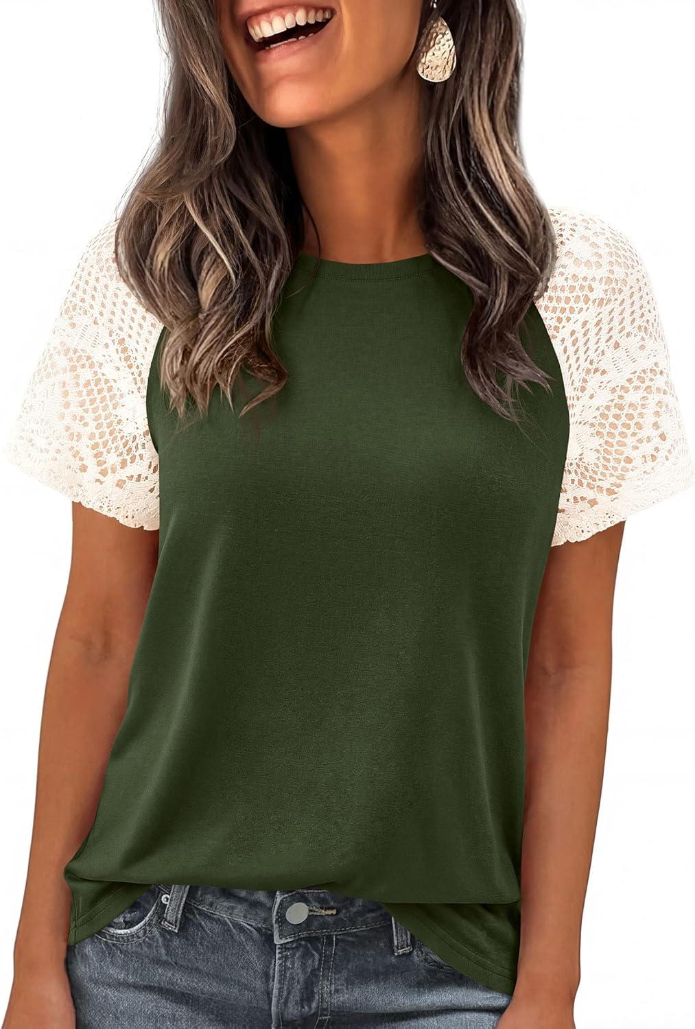 imagePRETTYGARDEN Womens Summer Tops Casual 2026 Lace Raglan Short Sleeve T Shirts Basic Tees Spring Fashion Blouse ClothesArmy Green