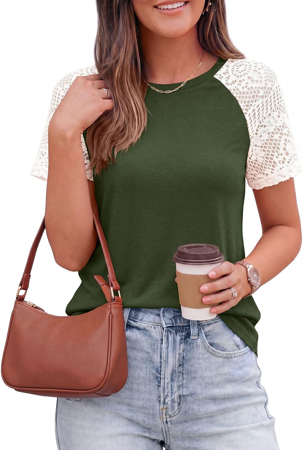 imagePRETTYGARDEN Womens Summer Tops Casual 2026 Lace Raglan Short Sleeve T Shirts Basic Tees Spring Fashion Blouse ClothesArmy Green