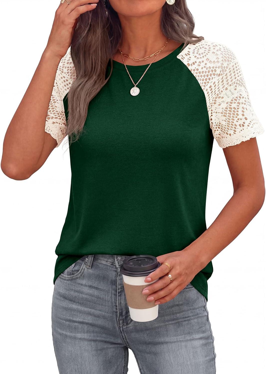 imagePRETTYGARDEN Womens Summer Tops Casual 2026 Lace Raglan Short Sleeve T Shirts Basic Tees Spring Fashion Blouse ClothesDark Green