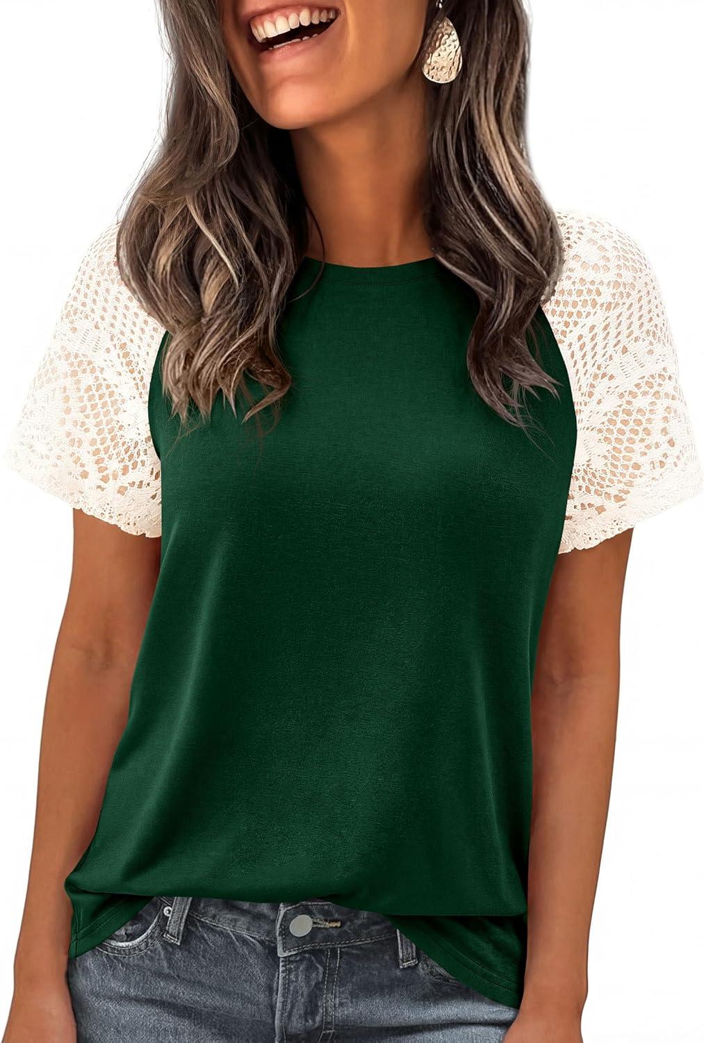 imagePRETTYGARDEN Womens Summer Tops Casual 2026 Lace Raglan Short Sleeve T Shirts Basic Tees Spring Fashion Blouse ClothesDark Green