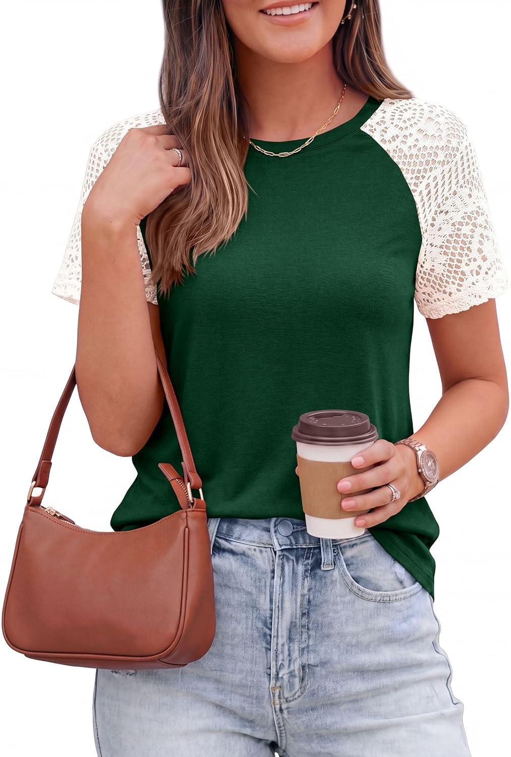 imagePRETTYGARDEN Womens Summer Tops Casual 2026 Lace Raglan Short Sleeve T Shirts Basic Tees Spring Fashion Blouse ClothesDark Green