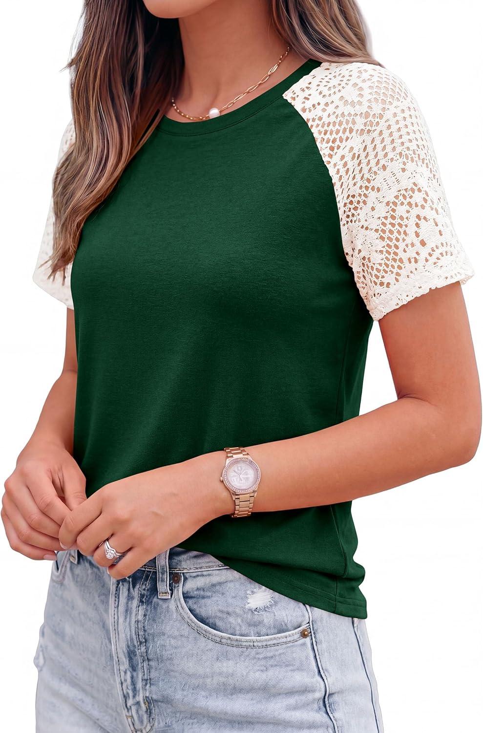 imagePRETTYGARDEN Womens Summer Tops Casual 2026 Lace Raglan Short Sleeve T Shirts Basic Tees Spring Fashion Blouse ClothesDark Green