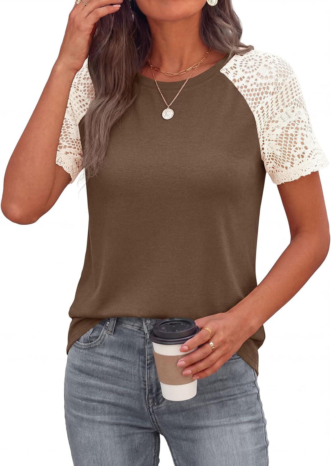 imagePRETTYGARDEN Womens Summer Tops Casual 2026 Lace Raglan Short Sleeve T Shirts Basic Tees Spring Fashion Blouse ClothesDark Khaki