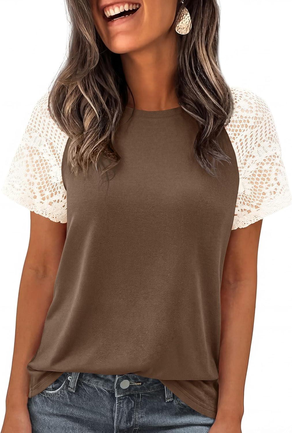 imagePRETTYGARDEN Womens Summer Tops Casual 2026 Lace Raglan Short Sleeve T Shirts Basic Tees Spring Fashion Blouse ClothesDark Khaki