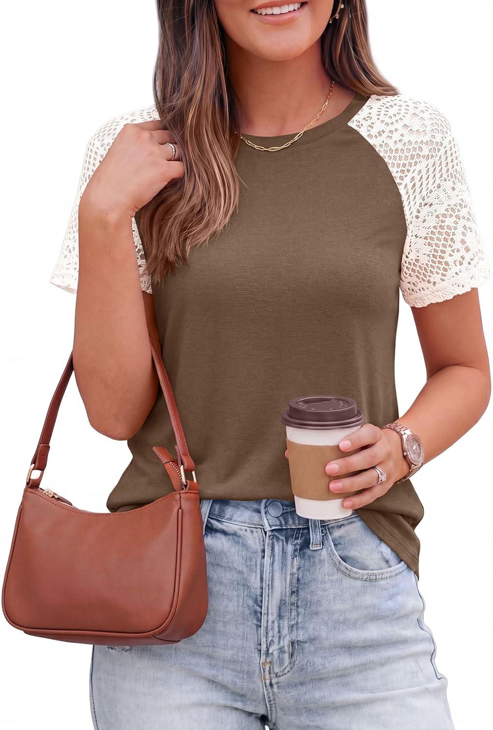 imagePRETTYGARDEN Womens Summer Tops Casual 2026 Lace Raglan Short Sleeve T Shirts Basic Tees Spring Fashion Blouse ClothesDark Khaki