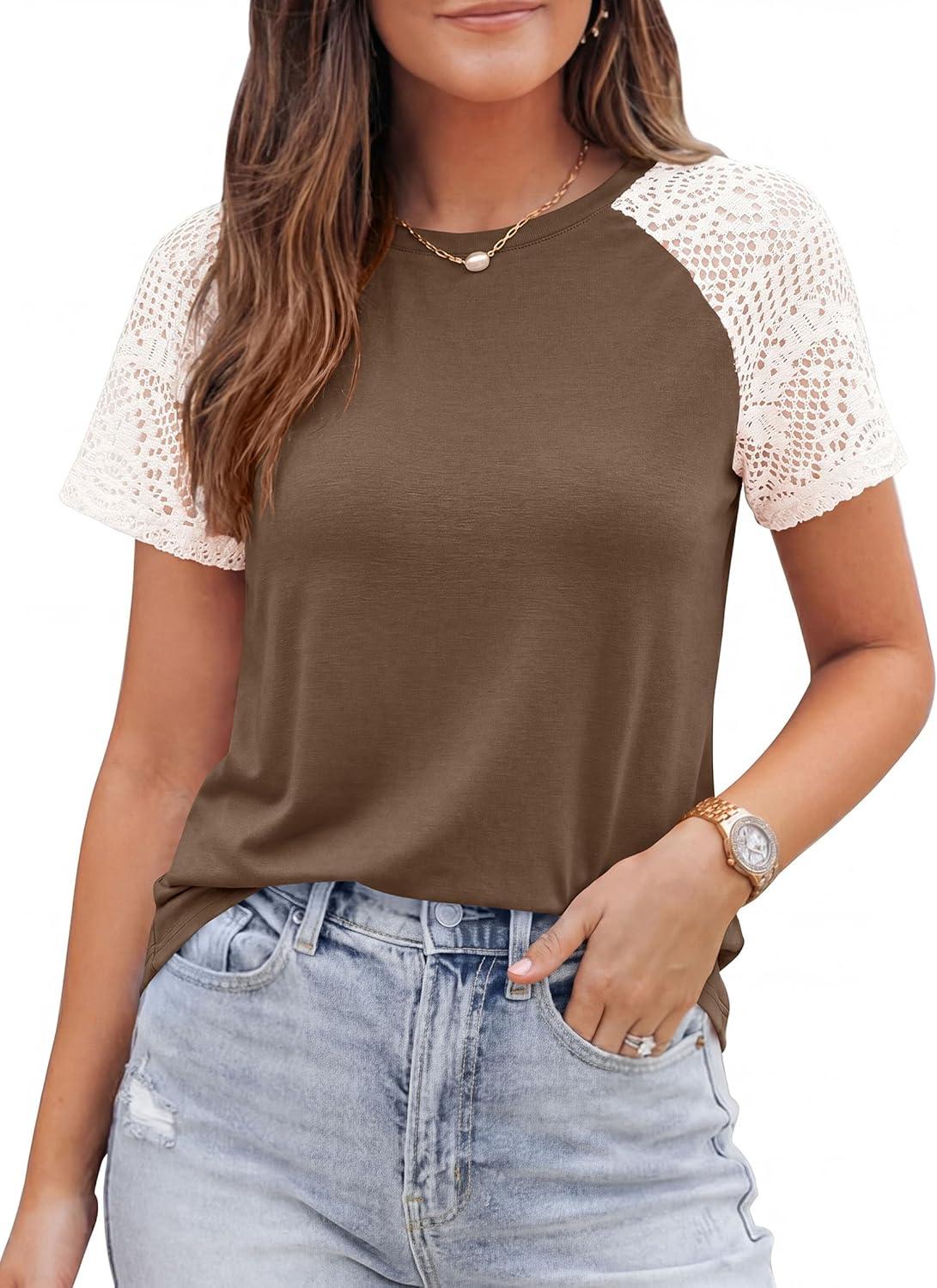 imagePRETTYGARDEN Womens Summer Tops Casual 2026 Lace Raglan Short Sleeve T Shirts Basic Tees Spring Fashion Blouse ClothesDark Khaki