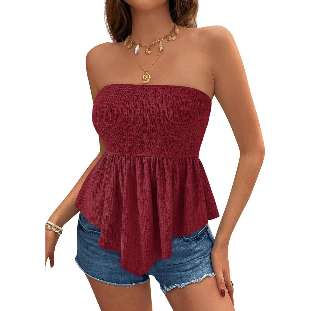 imagePRETTYGARDEN Womens Strapless Smocked Tube Tops Summer 2026 Trendy Flowy Peplum Bandeau Shirts Going Out Date Spring ClothesBurgundy