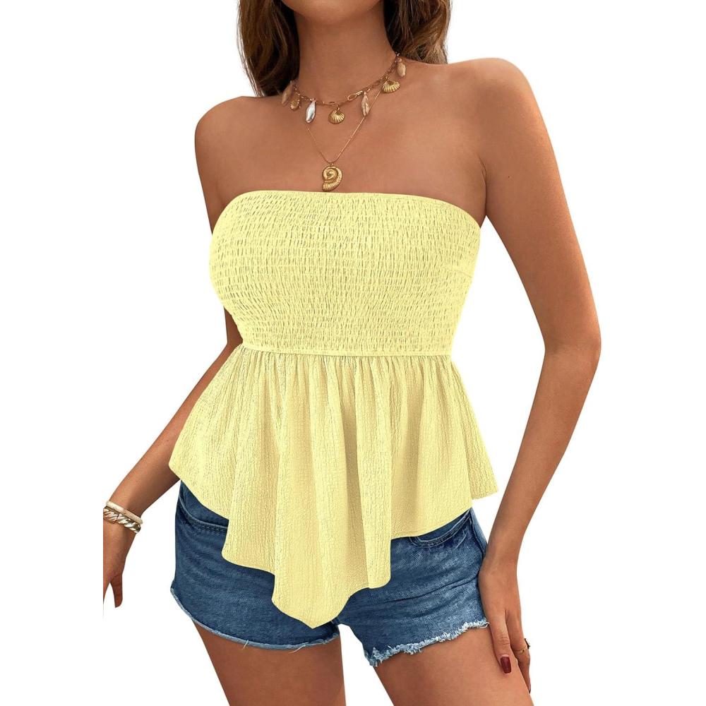 imagePRETTYGARDEN Womens Strapless Smocked Tube Tops Summer 2026 Trendy Flowy Peplum Bandeau Shirts Going Out Date Spring ClothesYellow
