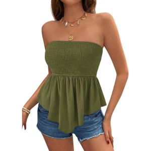 PRETTYGARDEN Women’s Strapless Smocked Tube Tops Summer 2026 Trendy Flowy Peplum Bandeau Shirts Going Out Date Spring Clothes(Army Green)