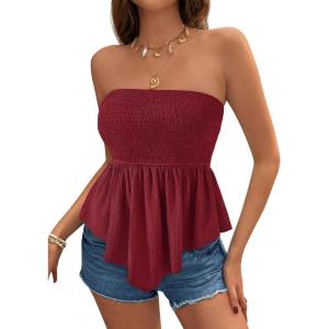 PRETTYGARDEN Women’s Strapless Smocked Tube Tops Summer 2026 Trendy Flowy Peplum Bandeau Shirts Going Out Date Spring Clothes(Burgundy)