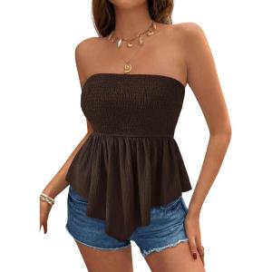 PRETTYGARDEN Women’s Strapless Smocked Tube Tops Summer 2026 Trendy Flowy Peplum Bandeau Shirts Going Out Date Spring Clothes(Dark Brown)
