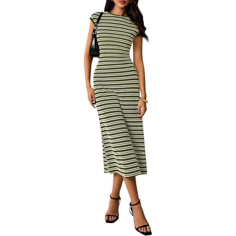imagePRETTYGARDEN Womens 2026 Summer Bodycon Midi Dress Casual Striped Cap Sleeve Party Wedding Guest Dresses Vacation OutfitsStriped Army Green White