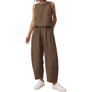 PRETTYGARDEN Womens 2 Piece Sets 2026 Summer Plaid Sleeveless Tops Wide Leg Pants Matching Lounge Set Beach Vacation Outfits(Plaid Black Khaki)