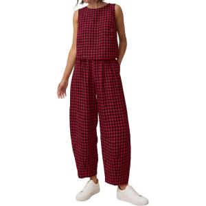 PRETTYGARDEN Womens 2 Piece Sets 2026 Summer Plaid Sleeveless Tops Wide Leg Pants Matching Lounge Set Beach Vacation Outfits(Plaid Black Red)