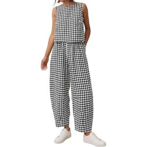 PRETTYGARDEN Womens 2 Piece Sets 2026 Summer Plaid Sleeveless Tops Wide Leg Pants Matching Lounge Set Beach Vacation Outfits(Plaid Black White)
