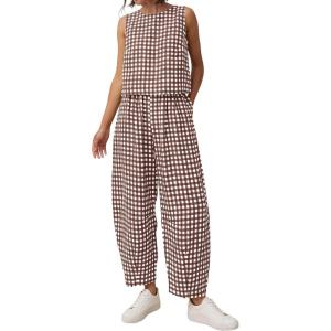 PRETTYGARDEN Womens 2 Piece Sets 2026 Summer Plaid Sleeveless Tops Wide Leg Pants Matching Lounge Set Beach Vacation Outfits(Plaid Brown White)