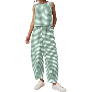 PRETTYGARDEN Womens 2 Piece Sets 2026 Summer Plaid Sleeveless Tops Wide Leg Pants Matching Lounge Set Beach Vacation Outfits(Plaid Green White)