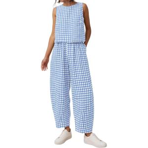 PRETTYGARDEN Womens 2 Piece Sets 2026 Summer Plaid Sleeveless Tops Wide Leg Pants Matching Lounge Set Beach Vacation Outfits(Plaid Light Blue White)