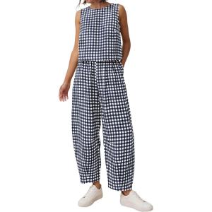 PRETTYGARDEN Womens 2 Piece Sets 2026 Summer Plaid Sleeveless Tops Wide Leg Pants Matching Lounge Set Beach Vacation Outfits(Plaid Navy White)
