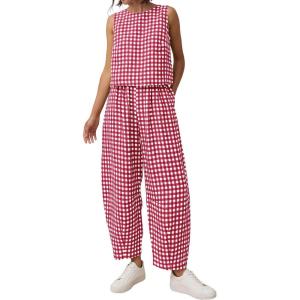 PRETTYGARDEN Womens 2 Piece Sets 2026 Summer Plaid Sleeveless Tops Wide Leg Pants Matching Lounge Set Beach Vacation Outfits(Plaid Red White)