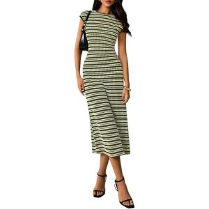 PRETTYGARDEN Women’s 2026 Summer Bodycon Midi Dress Casual Striped Cap Sleeve Party Wedding Guest Dresses Vacation Outfits(Striped Army Green White)