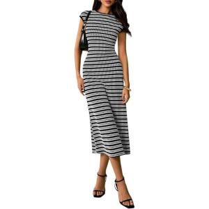 PRETTYGARDEN Women’s 2026 Summer Bodycon Midi Dress Casual Striped Cap Sleeve Party Wedding Guest Dresses Vacation Outfits(Striped Black White)