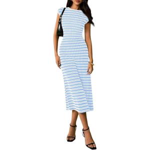 PRETTYGARDEN Women’s 2026 Summer Bodycon Midi Dress Casual Striped Cap Sleeve Party Wedding Guest Dresses Vacation Outfits(Striped Light Blue White)