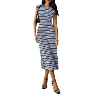 PRETTYGARDEN Women’s 2026 Summer Bodycon Midi Dress Casual Striped Cap Sleeve Party Wedding Guest Dresses Vacation Outfits(Striped Navy White)