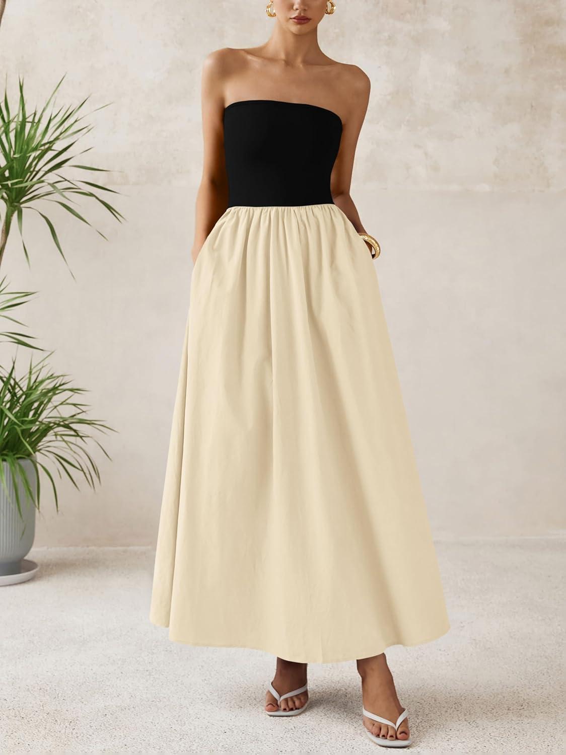 imagePRETTYGARDEN Women 2026 Summer Elegant Strapless Maxi Dress Tube Top Dress A Line Flowy Long Wedding Party Cocktail DressesBlack Apricot