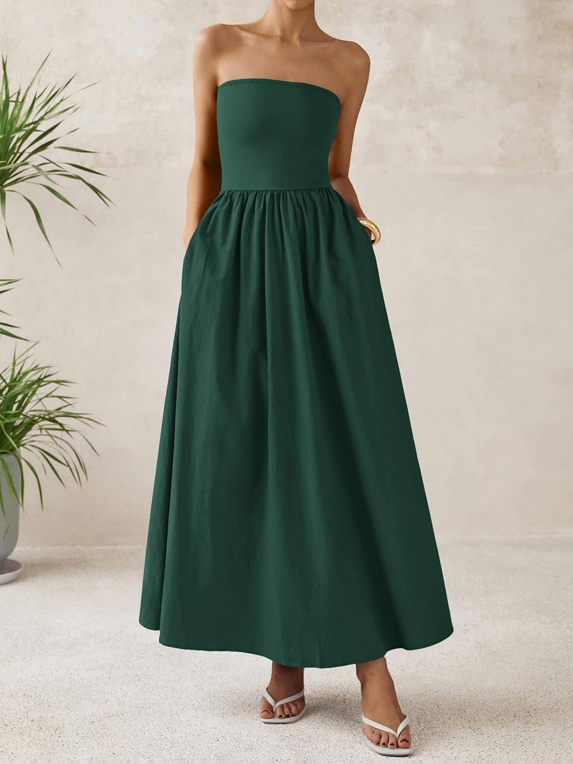 imagePRETTYGARDEN Women 2026 Summer Elegant Strapless Maxi Dress Tube Top Dress A Line Flowy Long Wedding Party Cocktail DressesDark Green
