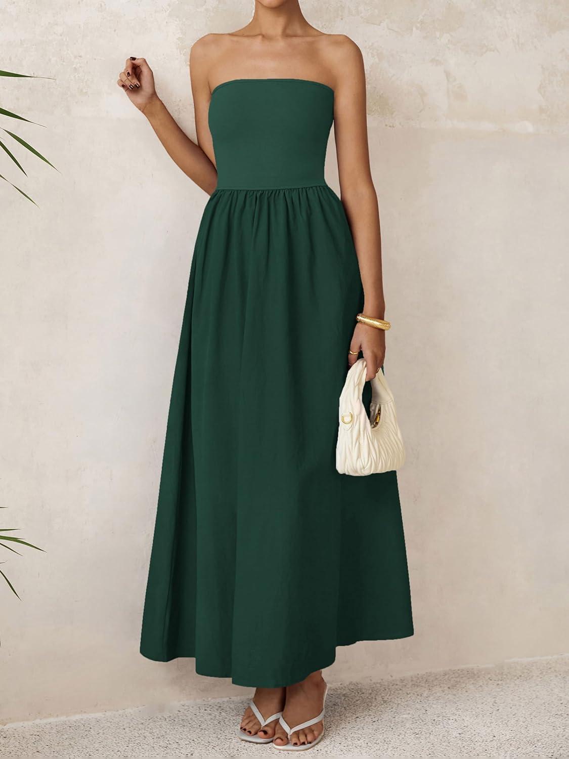 imagePRETTYGARDEN Women 2026 Summer Elegant Strapless Maxi Dress Tube Top Dress A Line Flowy Long Wedding Party Cocktail DressesDark Green