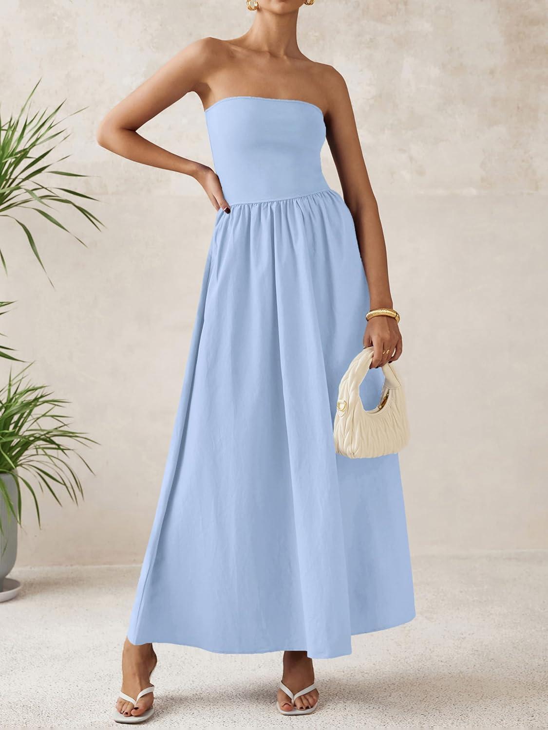 imagePRETTYGARDEN Women 2026 Summer Elegant Strapless Maxi Dress Tube Top Dress A Line Flowy Long Wedding Party Cocktail DressesLight Blue
