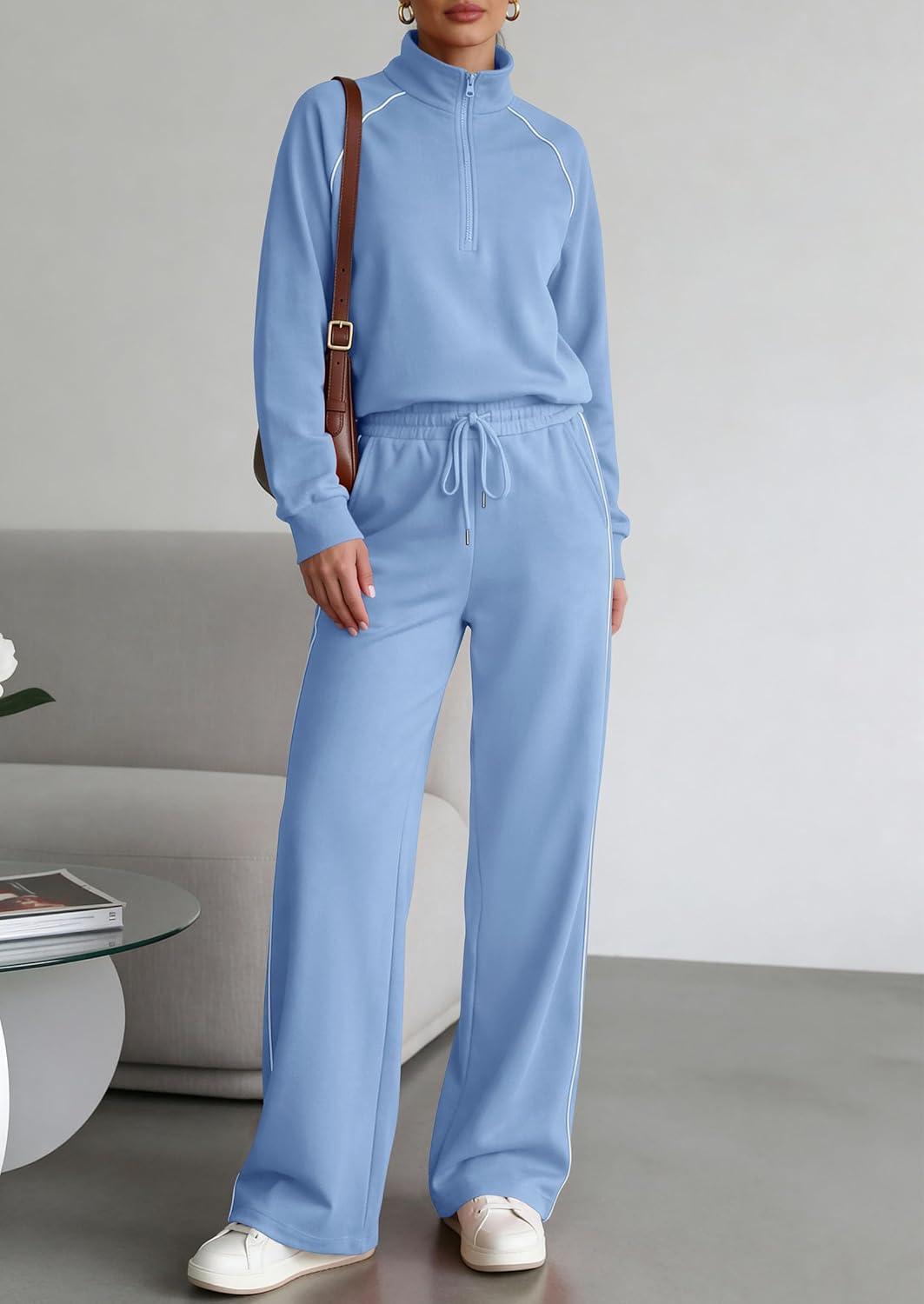 imagePRETTYGARDEN Womens 2 Piece Outfits Casual Lapel Half Zip Sweatshirts and Wide Leg Pants Tracksuit SetsStyle2blue