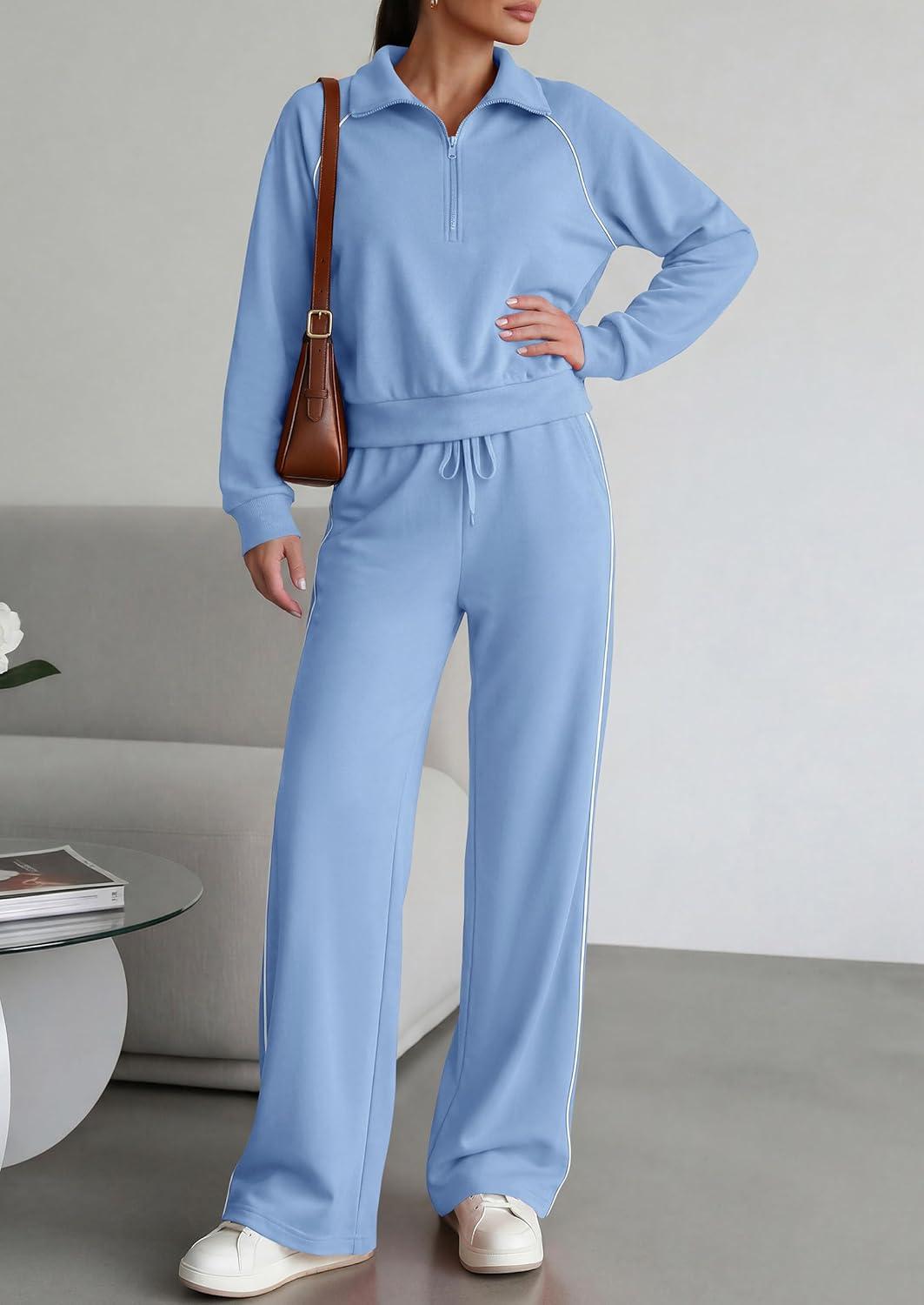 imagePRETTYGARDEN Womens 2 Piece Outfits Casual Lapel Half Zip Sweatshirts and Wide Leg Pants Tracksuit SetsStyle2blue