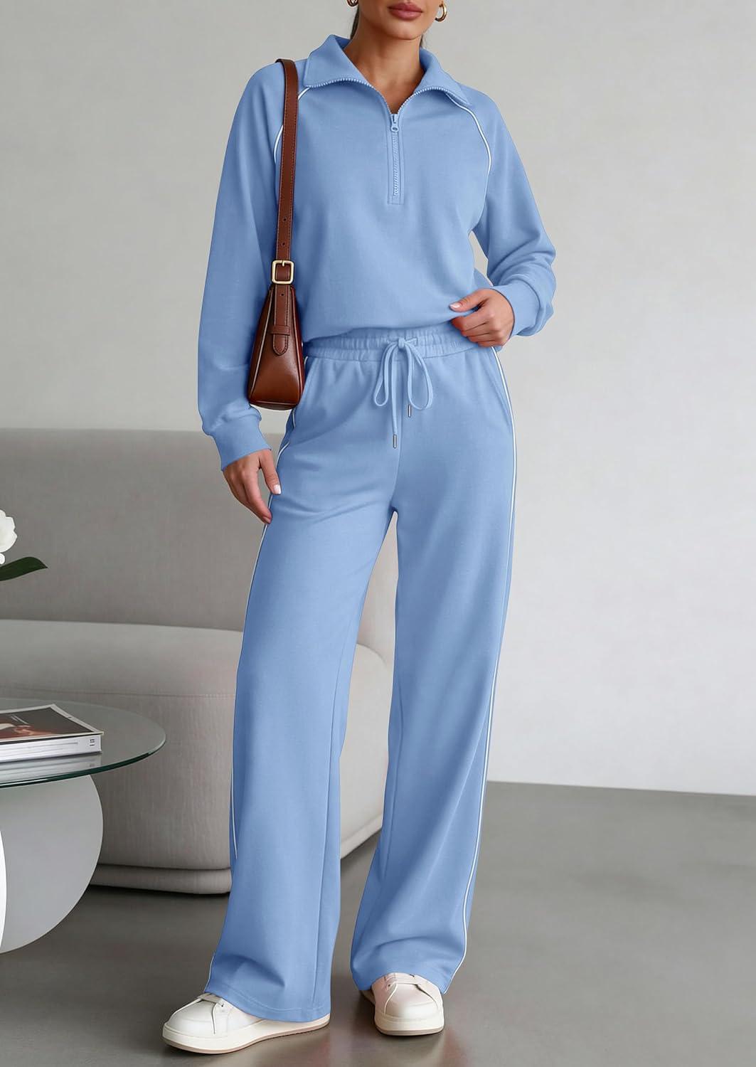 imagePRETTYGARDEN Womens 2 Piece Outfits Casual Lapel Half Zip Sweatshirts and Wide Leg Pants Tracksuit SetsStyle2blue
