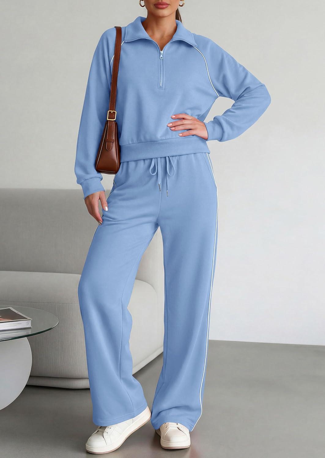 imagePRETTYGARDEN Womens 2 Piece Outfits Casual Lapel Half Zip Sweatshirts and Wide Leg Pants Tracksuit SetsStyle2blue