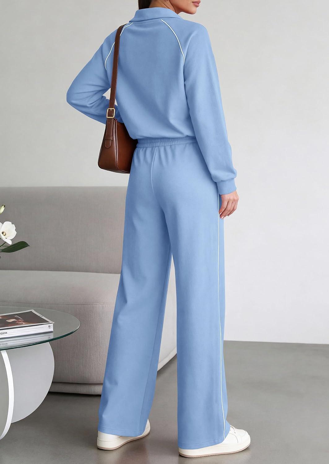 imagePRETTYGARDEN Womens 2 Piece Outfits Casual Lapel Half Zip Sweatshirts and Wide Leg Pants Tracksuit SetsStyle2blue