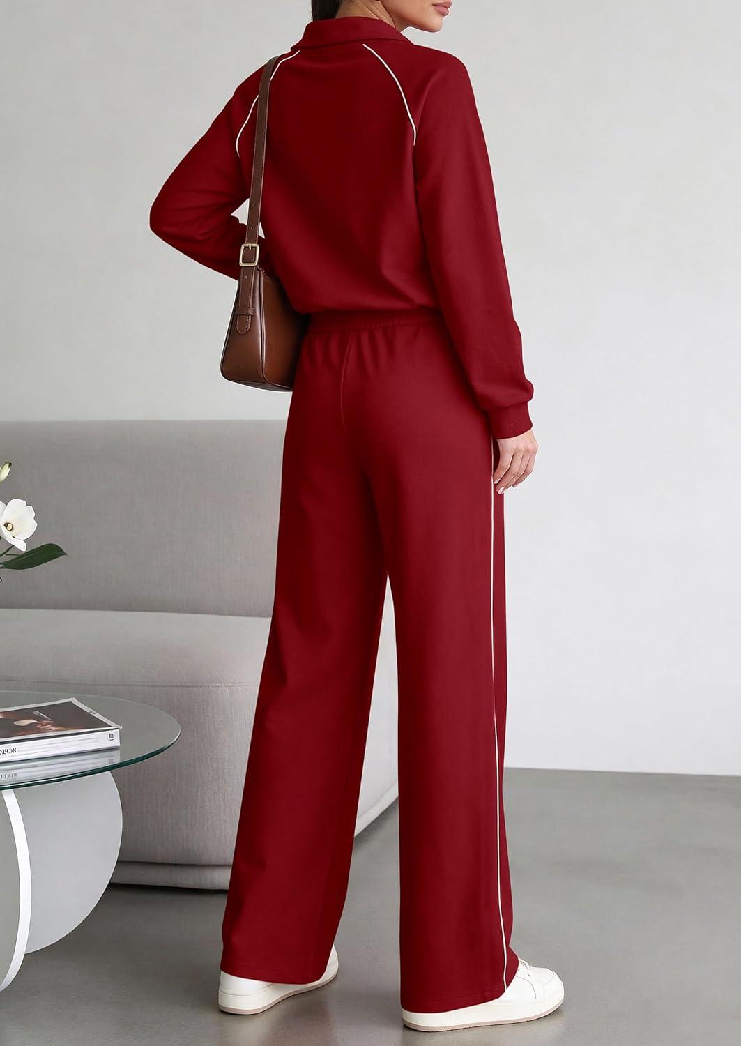 imagePRETTYGARDEN Womens 2 Piece Outfits Casual Lapel Half Zip Sweatshirts and Wide Leg Pants Tracksuit SetsStyle2burgundy