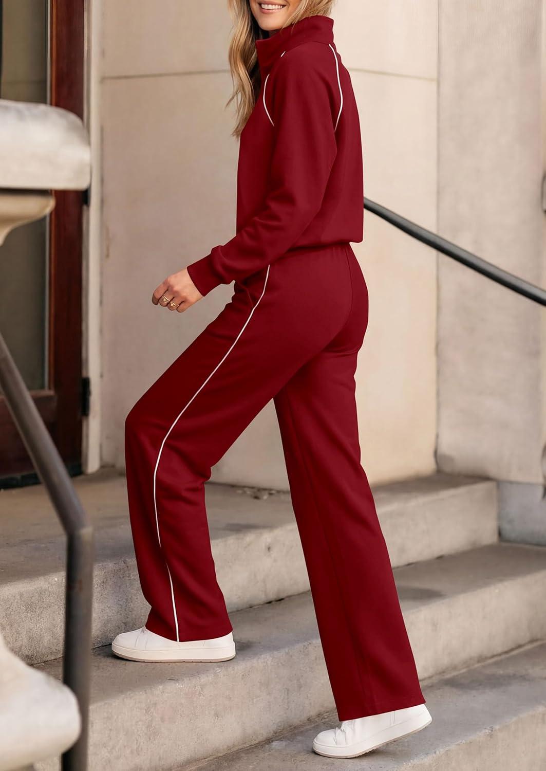 imagePRETTYGARDEN Womens 2 Piece Outfits Casual Lapel Half Zip Sweatshirts and Wide Leg Pants Tracksuit SetsStyle2burgundy