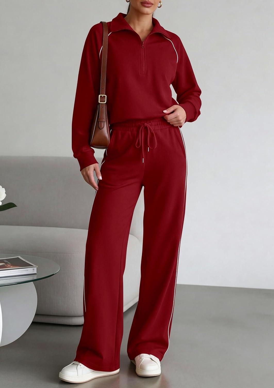 imagePRETTYGARDEN Womens 2 Piece Outfits Casual Lapel Half Zip Sweatshirts and Wide Leg Pants Tracksuit SetsStyle2burgundy