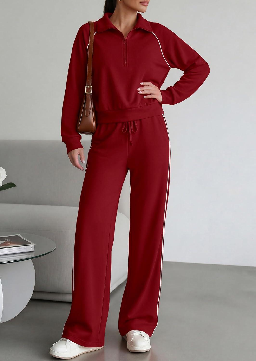 imagePRETTYGARDEN Womens 2 Piece Outfits Casual Lapel Half Zip Sweatshirts and Wide Leg Pants Tracksuit SetsStyle2burgundy