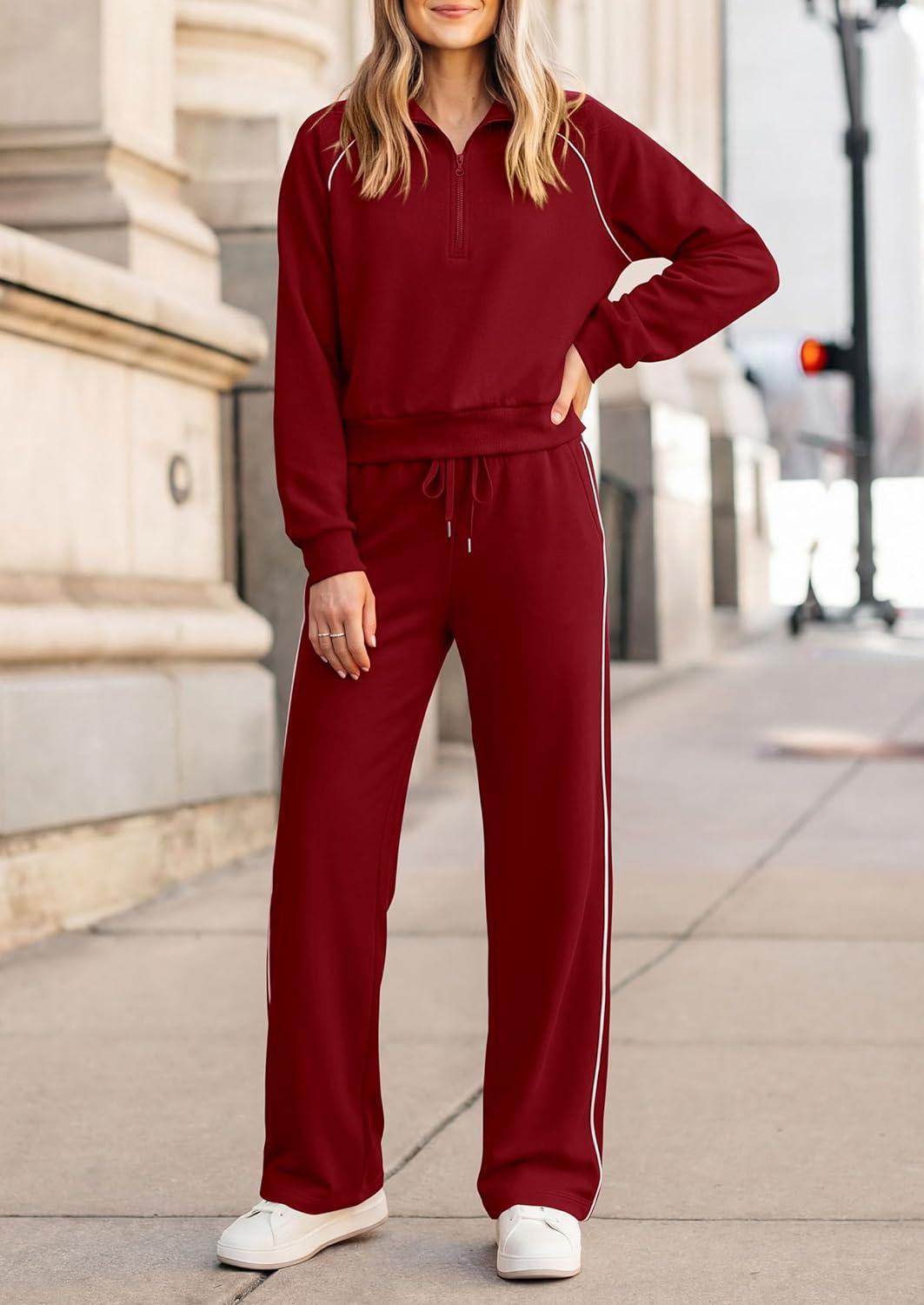 imagePRETTYGARDEN Womens 2 Piece Outfits Casual Lapel Half Zip Sweatshirts and Wide Leg Pants Tracksuit SetsStyle2burgundy