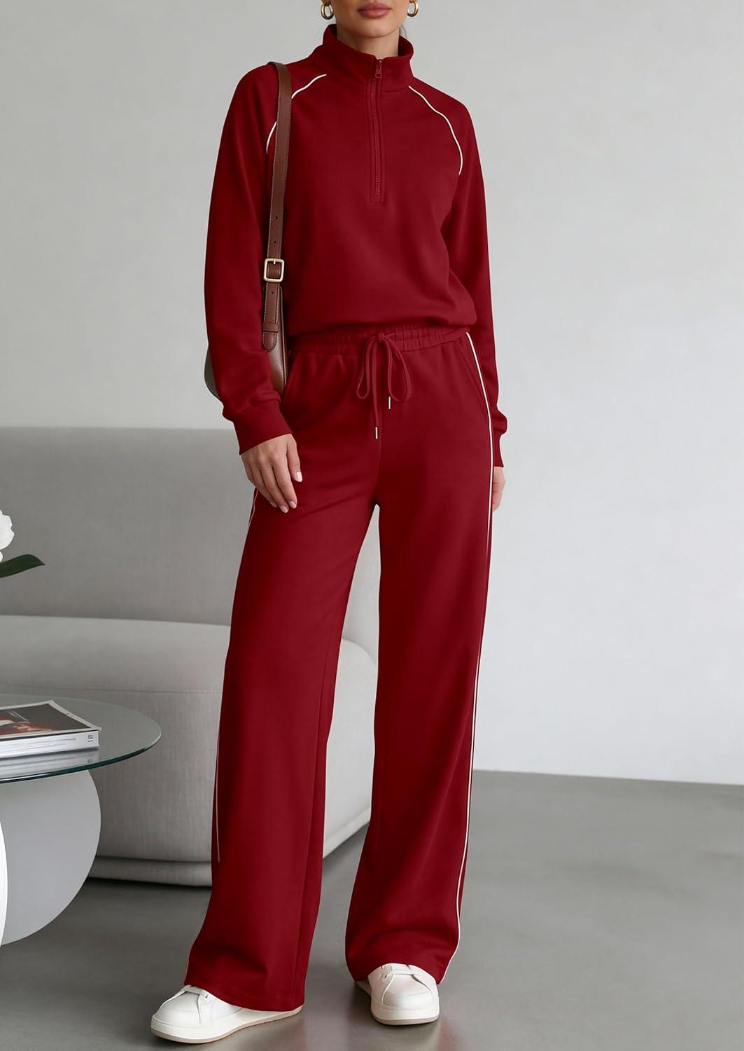 imagePRETTYGARDEN Womens 2 Piece Outfits Casual Lapel Half Zip Sweatshirts and Wide Leg Pants Tracksuit SetsStyle2burgundy